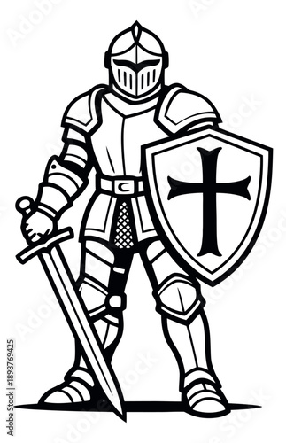 Line art illustration of a knight depicting a warrior in full armor with a sword and shield for medieval themes