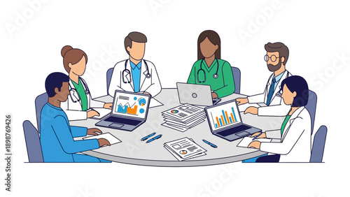 Healthcare Professionals in Discussion: A group of dedicated healthcare professionals engaged in collaborative discussion around a circular table.