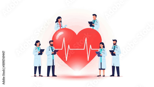 Heart Health Guardians: A dedicated team of medical professionals surrounds a vibrant red heart, symbolizing the collective care and expertise focused on promoting and preserving health.