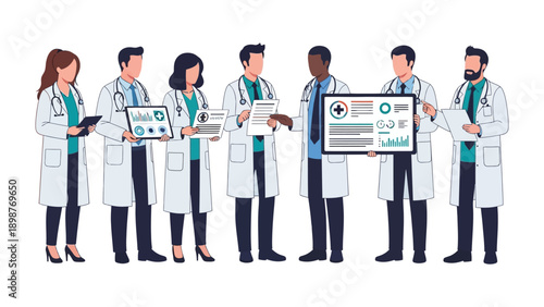 Medical Team Analysis: A team of healthcare professionals collaborates, studying digital displays and documents in a medical setting, showcasing teamwork, expertise, and dedication to patient care.