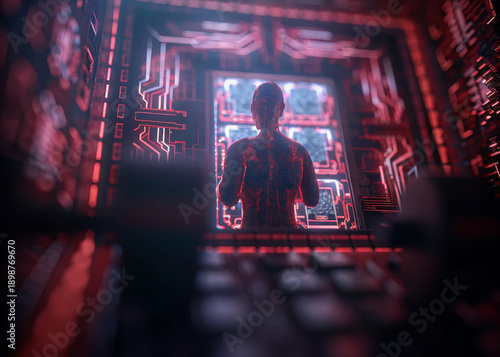 Futuristic artificial intelligence coach stands in glowing red holographic interface, providing fitness feedback in high tech digital environment, evoking innovation and motivation