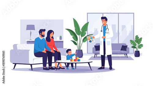 Family Consultation with Doctor: A doctor consults with a family in a modern medical setting, illustrating a focus on healthcare, empathy, and patient-centered care.