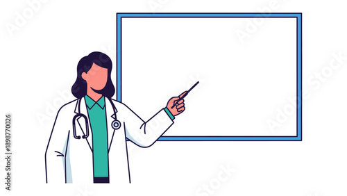 Medical Professional Presentation: A medical professional, adorned in a pristine white coat, points towards a blank presentation board.