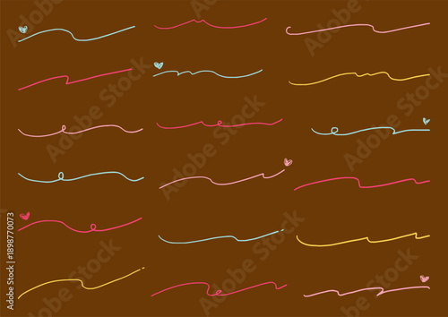 チョコレート風カラーのハート付き手描き罫線セット　カラフルでかわいいライン装飾