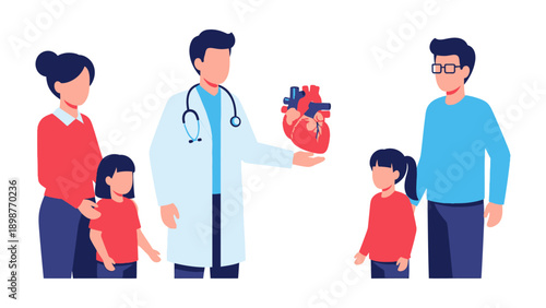 Heart Health Consultation: A doctor explains heart anatomy to a family, emphasizing the importance of cardiovascular health for a well-being life.