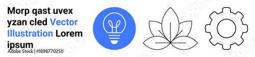 Innovation, sustainability, technology, clean energy, ecological design, process optimization. Blue lightbulb, leaf and gear icons. Innovation and sustainability concepts