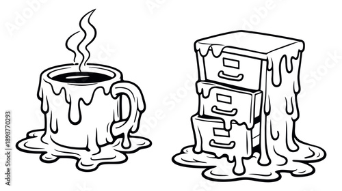 Hand drawn line art office objects set featuring a melting coffee mug and a dripping filing cabinet for stress and burnout concepts