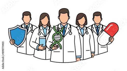 Medical Team: A group of dedicated medical professionals, armed with knowledge and care, stand united, symbolizing the essence of health and protection.