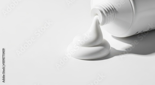 Close up shot showing creamy white lotion being carefully squeezed from a flexible bodycare tube onto a pristine surface, hygiene, product, health