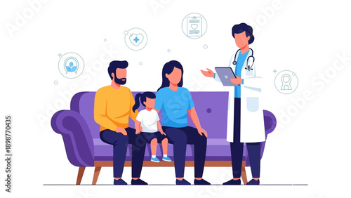 Healthcare Consultation: A medical professional discusses a family's health with them during a consultation. The scene depicts a family together, engaged in a discussion with a healthcare provider.