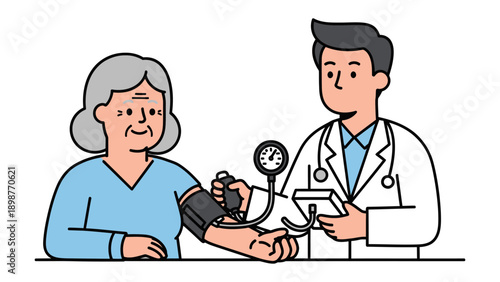 Medical Check-up: A compassionate physician conducts a blood pressure check on an elderly patient. This illustration emphasizes health, care, and medical procedures