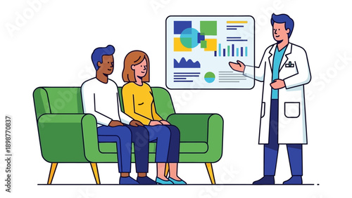 Medical Consultation: A doctor is giving consultation to the patient who sitting side by side and in front of a medical diagram with an explanation of a medical chart.