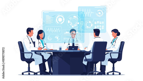 Medical Team Conference: A team of medical professionals engaged in a focused discussion around a table, with digital projections suggesting medical progress.