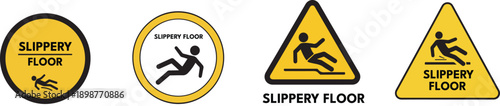 collection of slippery floor warning signs and wet surface caution icons with falling person pictogram