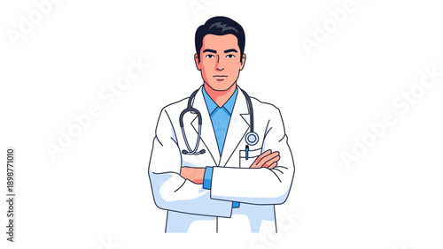 Confident Physician Illustration: A professional illustration showcasing a medical doctor in a crisp white coat, stethoscope draped around his neck, exuding confidence and expertise.