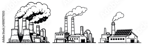 Hand drawn line art industrial buildings set featuring factories with smoking chimneys and one with solar panels for environmental concepts
