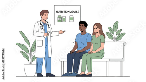 Nutrition Guidance: A healthcare professional provides tailored nutrition guidance to a diverse couple, focusing on healthy lifestyle choices and overall well-being.
