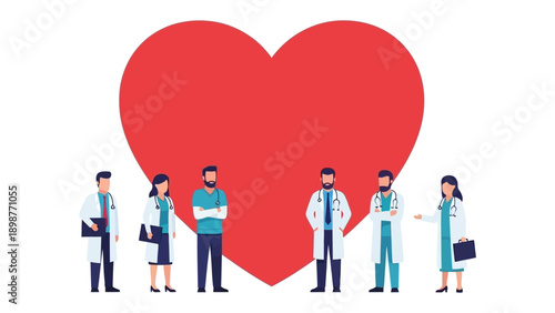 Healthcare Heroes: Dedicated medical professionals stand united, forming a compassionate front beneath a symbolic heart, symbolizing unity and compassion in the realm of healthcare.