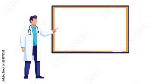 Healthcare Professional at Presentation: A professional, medical individual in a lab coat, presents on a blank board. Ideal for health, business, or education-related concepts. 