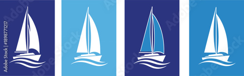 Minimalist sailboat icon set in blue tones, nautical vector illustration collection representing sailing, ocean travel, maritime design, and marine lifestyle