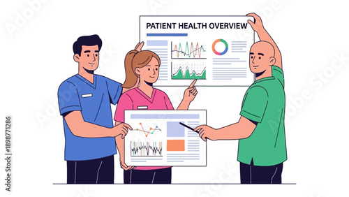 Healthcare Team Discuss Patient Health Overview: A collaborative healthcare team, including nurses and doctors, gathers around a display board showcasing patient health overview analytics.