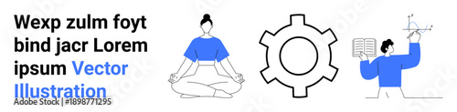 Woman meditating in lotus pose, large gear symbol, man holding a book and graph. Ideal for mindfulness, productivity, innovation, learning, education, teamwork and simple landing page