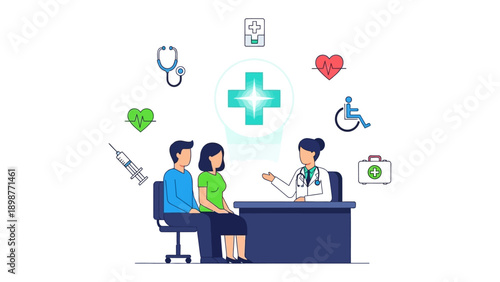 Medical Consultation: A doctor advises a patient couple at a clinic setting with medical equipment icon around. The scene is a visual summary of health care consultation.