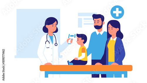 Doctor's Appointment: A caring doctor uses a digital thermometer to check a boy's temperature, with the family present in the calm clinic environment, representing health and wellness.