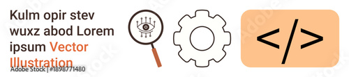 Web design, programming, debugging, SEO optimization, digital analysis, tech education. Magnifying glass with eye, gear and coding tag symbols. Web design and programming concept
