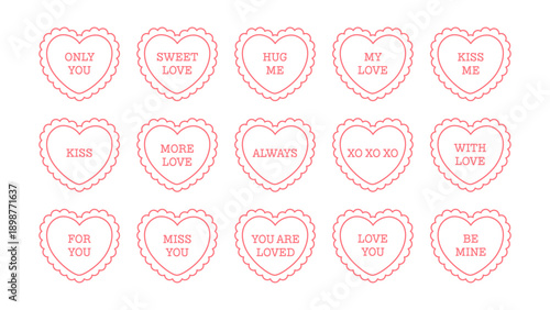 Cute outline hearts with romantic messages. Hearts with love inscriptions. Valentine's day elements. Flat vector illustration
