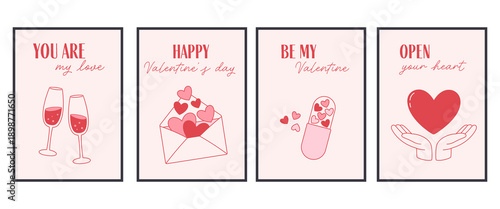 Cute simple Valentines Day posters with romantic elements. Perfect for card, invitation, poster, banner. Flat vector illustration