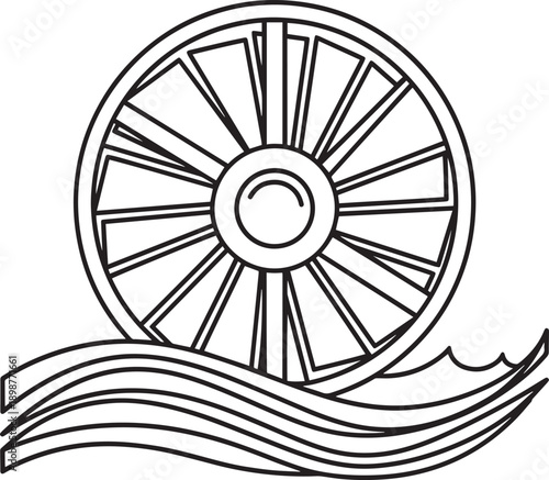 Illustration of Waterwheel in motion, flowing water