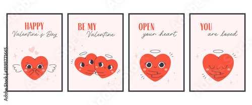 Simple Valentines Day posters with cute romantic hearts. Perfect for card, invitation, poster, banner. Flat vector illustration