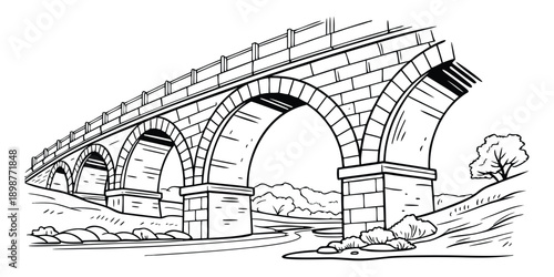 Historical Stone Arch Viaduct Bridge Line Art Coloring Page