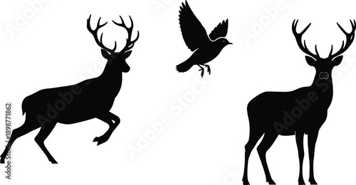 Black silhouette deer and flying bird wildlife illustration set, minimal animal shapes isolated on white background for design use