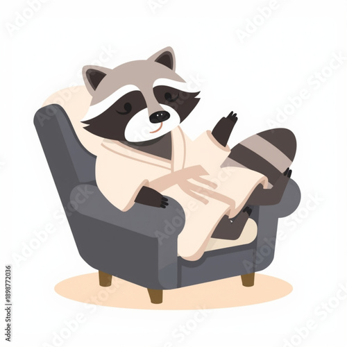 self-care A cartoon raccoon sitting comfortably in a gray armchair on transparent background