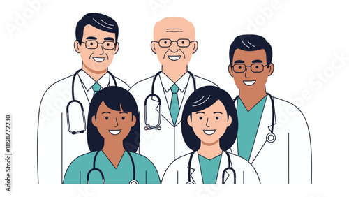 Medical Team Portrait: A team of smiling medical professionals in their uniforms and with stethoscopes around their necks, ready to provide care and support.