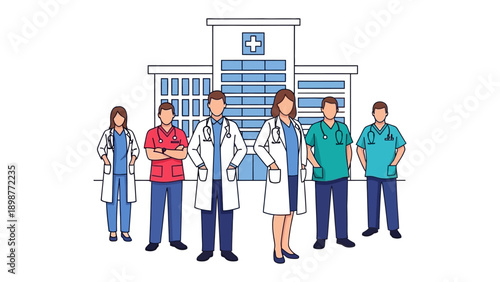 Medical Team: A team of dedicated medical professionals, united in their commitment to patient care, stands proudly in front of a modern hospital, symbolizing hope and healing.