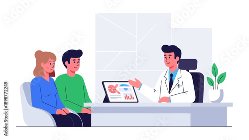 Doctor's Consultation: A doctor is having a detailed consultation session with a couple in a clinical environment, with a detailed analysis of some medical test reports.
