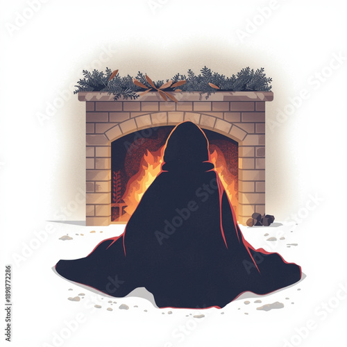 self-care A person sitting in front of a warm fireplace on a cold winter night on transparent background