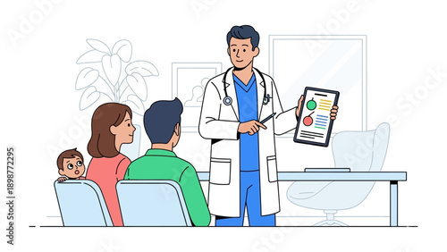 Medical Consultation: A dedicated doctor presents information to a family during a medical consultation in a modern, clean clinic.
