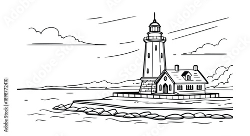 Vintage Lighthouse Line Art Drawing on Coastal Shore