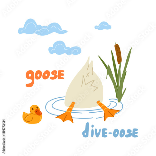 Silly goose swimming in the water upside down. Funny meme quote. Cute farm animal card design. Vector cartoon hand drawn illustration with lettering for T-shirt, sticker, print and social media