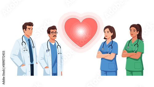 Medical Professionals: A compassionate team of healthcare providers stands together, united in their dedication to patient well-being, framed by a symbolic heart.