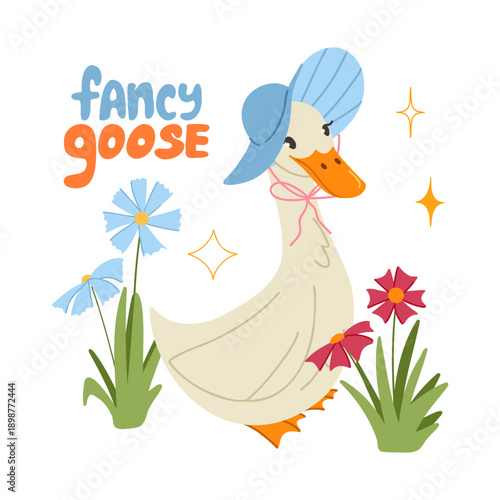 Fancy silly goose wearing a hat with funny meme quote phrase. Cute farm animal card design. Vector cartoon hand drawn illustration with lettering for T-shirt, sticker, print and social media