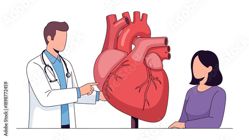 Cardiovascular Consultation: A doctor points to the model heart, explaining the intricacies of human anatomy, while a patient attentively listens, her curiosity and concern evident.