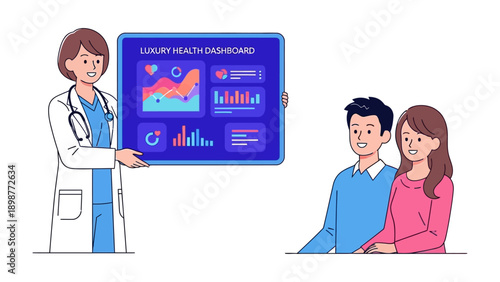 Healthcare Insights: A medical professional presents a sophisticated health dashboard to an attentive couple. This image encapsulates the essence of modern healthcare communication.