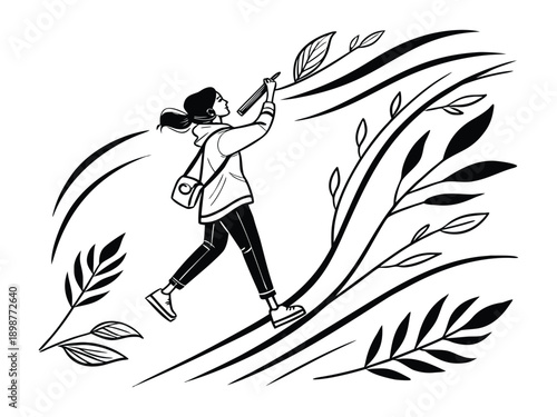 Creative Woman Walking Upward Drawing Nature Growth Lines