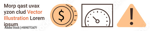 Financial risk, economy monitoring, time management, budgeting tools, caution signs, banking alerts. Icons of dollar sign, speedometer warning triangle. Financial risk and economy monitoring concept