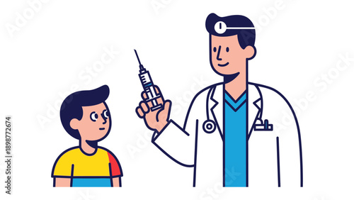 Friendly Clinic Visit: A supportive medical professional, holds a syringe, offering care to a young child, symbolizing health, and well-being.